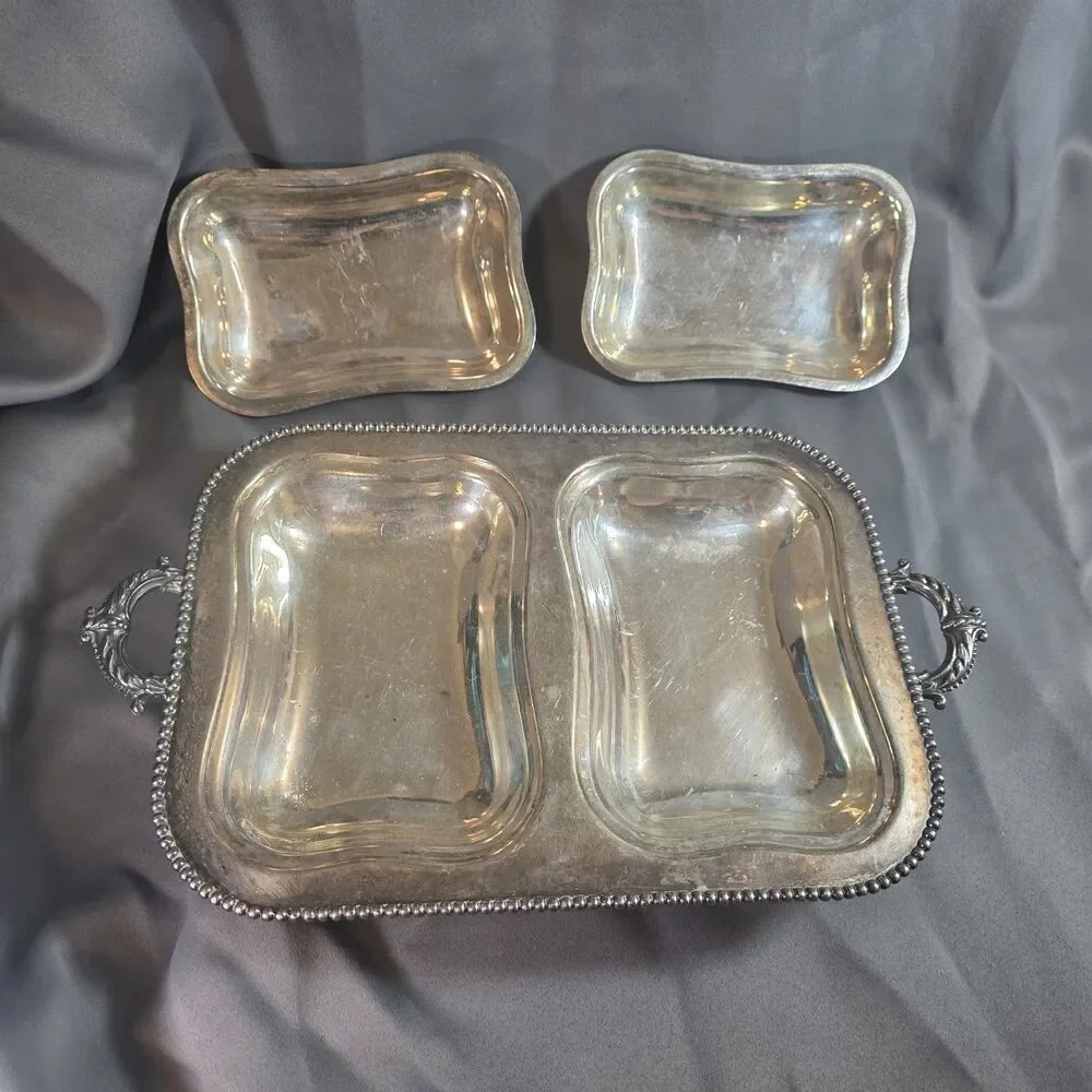 Vintage Silver-Tone Metal Double Covered Serving Dish Ornate Handles